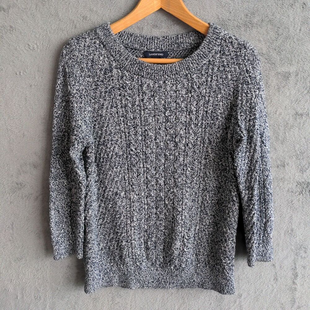 Lands End Cable Knit Sweater Women's Medium Heather Blue Crew Neck 3/4 Sleeve